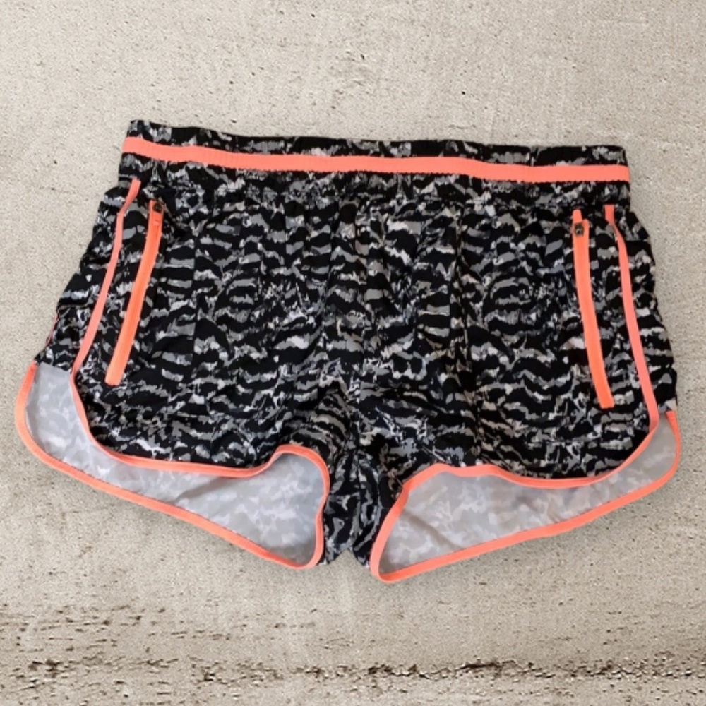 Fabletics Workout Running Athletic Black/White/Orange Shorts. Size Medium